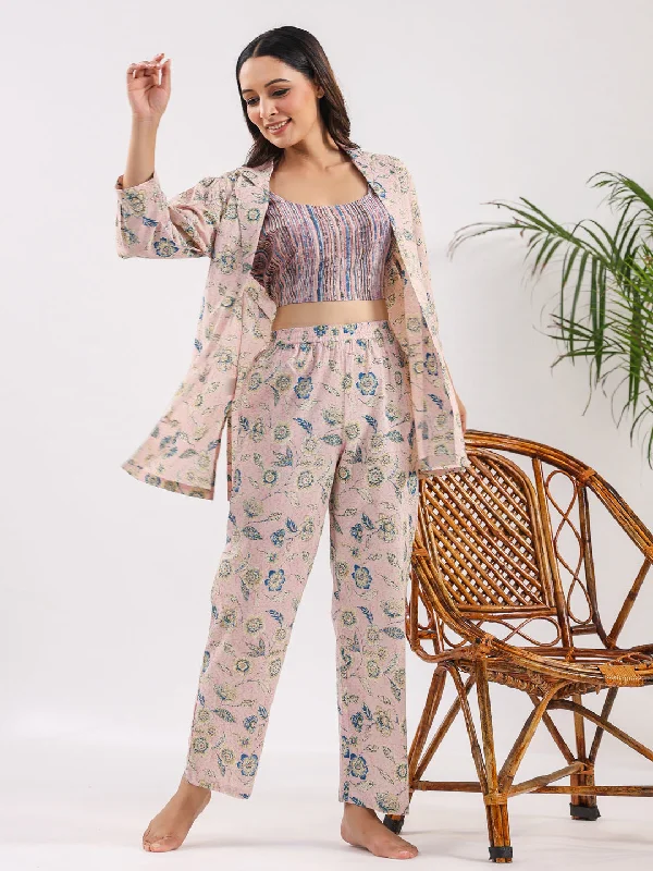 Cotton Printed 3 PEICE Night Suit Set with Pyjama