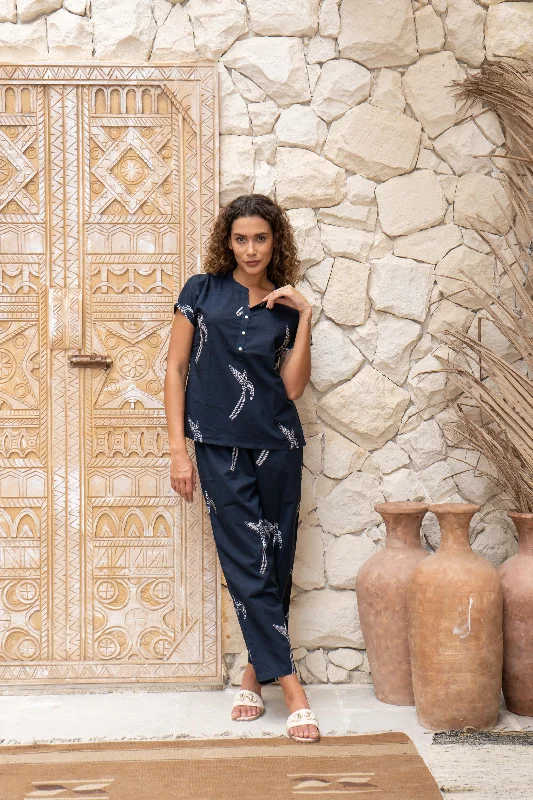 Navy Blue Printed Cotton Night Suit Set