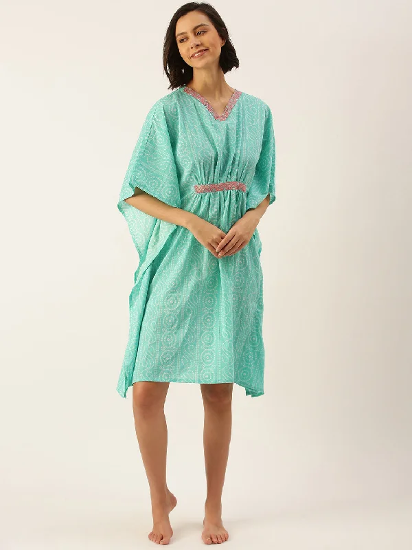 Sea Green Pure Cotton Bandhej Dot Printed Kaftan