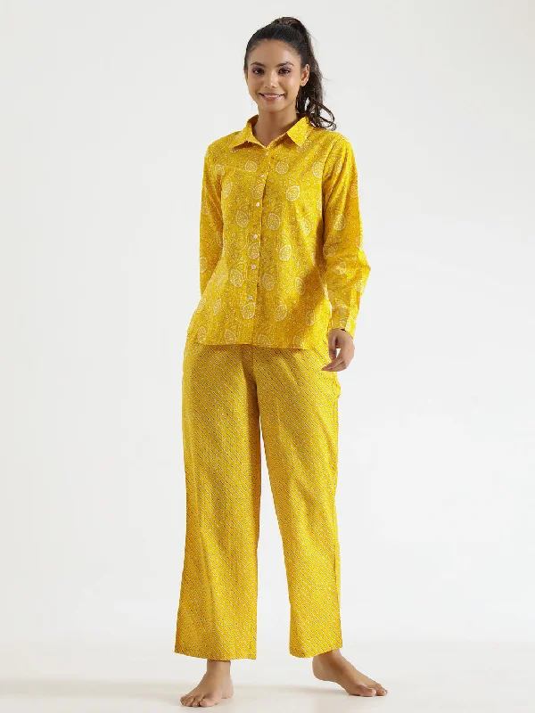 Yellow & White Printed Night suit