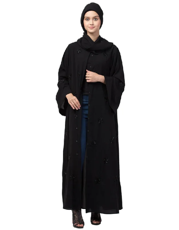 Muslimah All over Star embroidery  bell sleeve Abaya Black