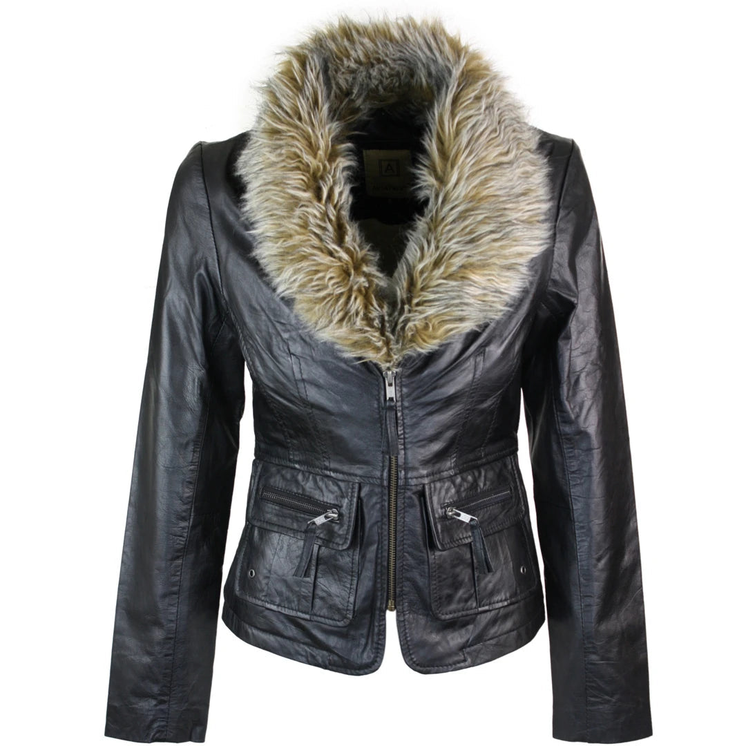 Women's New Short Black Leather Jacket Coat Faux Fur Collar