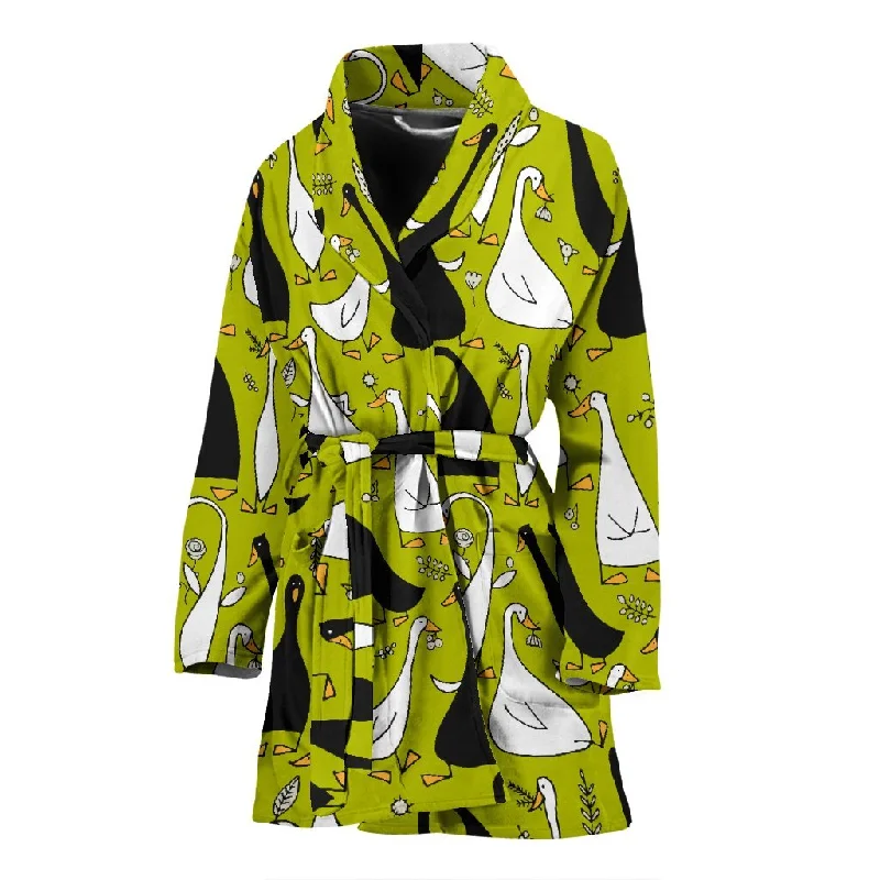 Black White Duck Mallard Pattern Print Women Long Robe