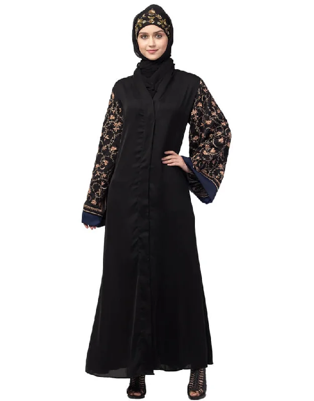 Women Both sleeve resham embroidered front open Dubai Abaya Black