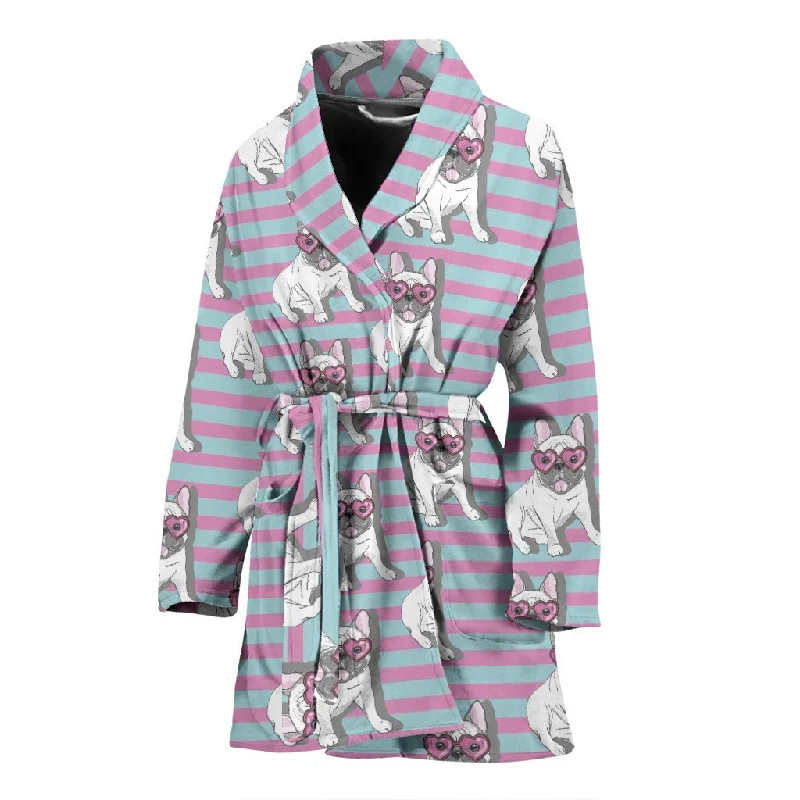 Bulldog Heart Sunglasses Pattern Print Women Long Robe