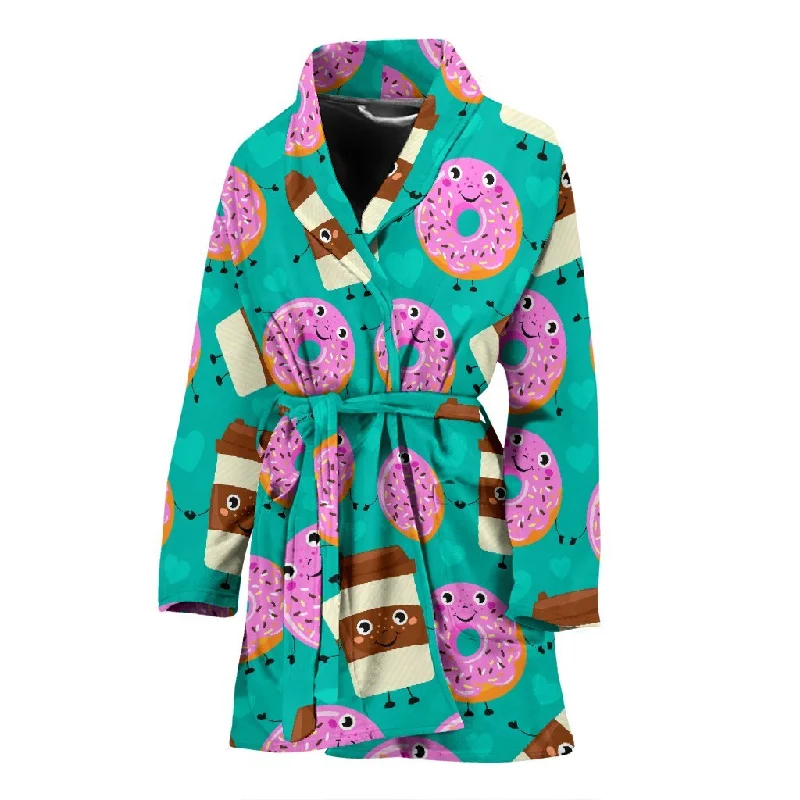 Coffee Donut Pattern Print Women Long Robe