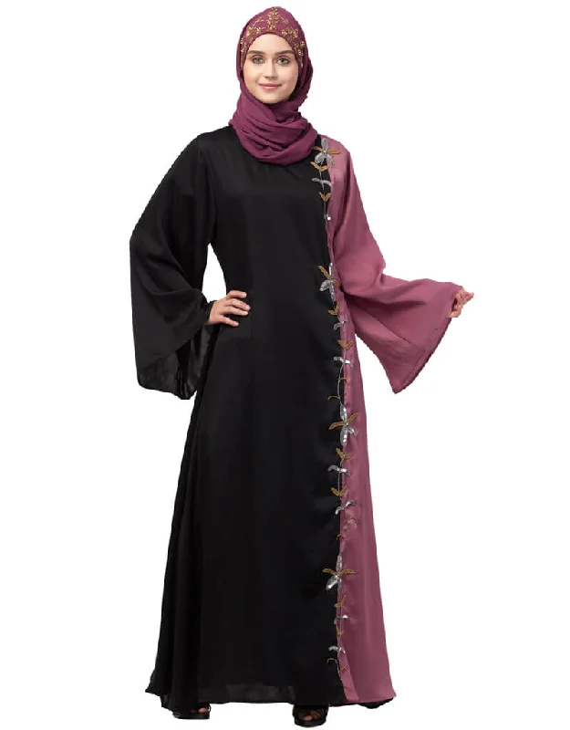 Chic Contrast Front and sleeve  Hand work Abaya Black