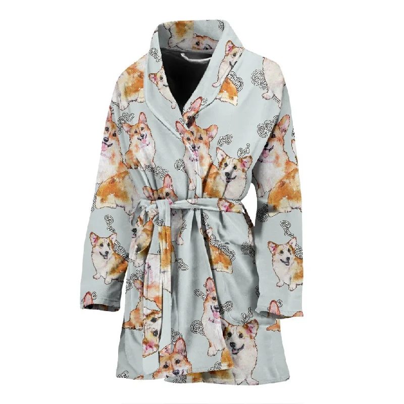 Corgi Gray Pastel Pattern Print Women Long Robe