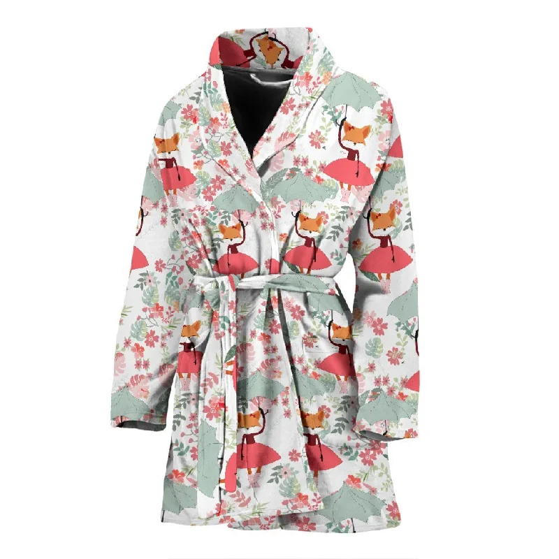 Fox Girl Flower Pattern Print Women Long Robe