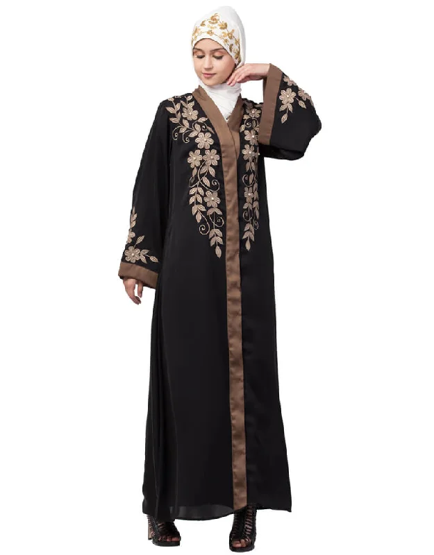 Islamic Front and sleeve resham embroidery contrast band front open abaya Black