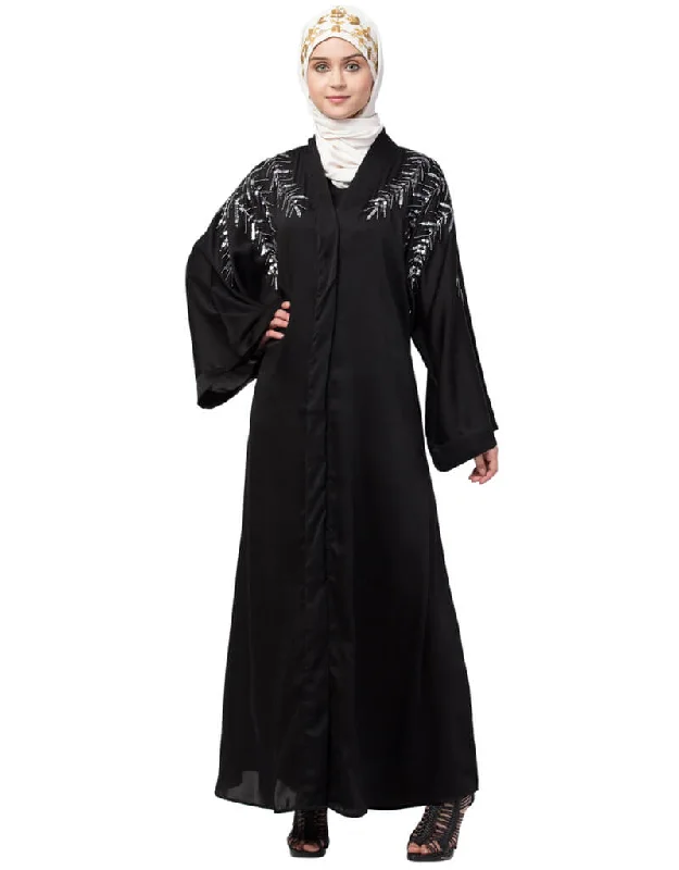 Women Front Back hand embroidered Front open Dubai Abaya Black