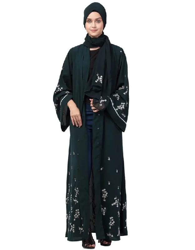 Trendy Front Open Front Back sleeve with Hijab Embroidered Abaya cum Kaftan Green