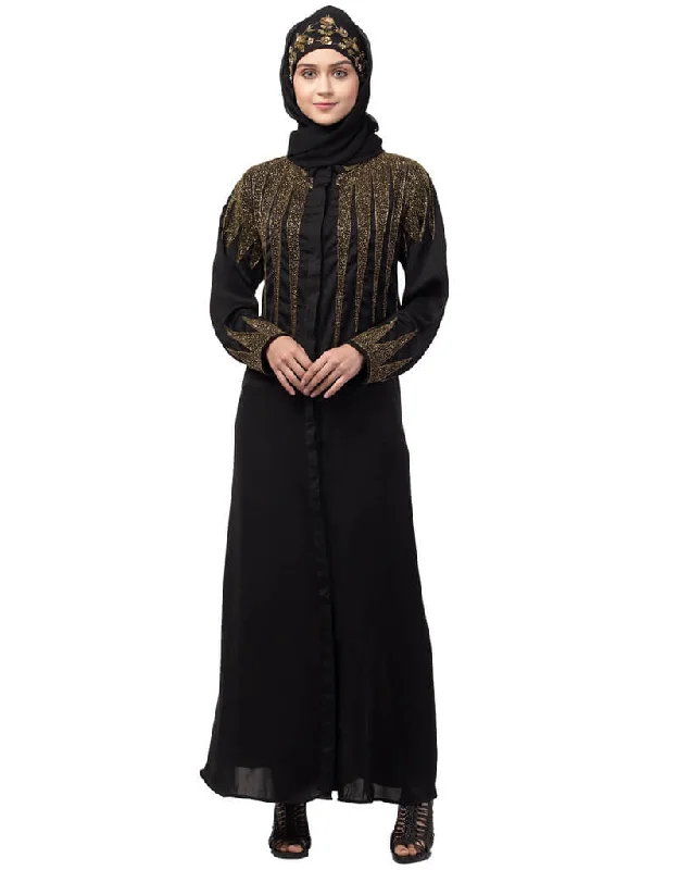 Modest Front open golden hand work at front back and sleeve Nida Abaya Black