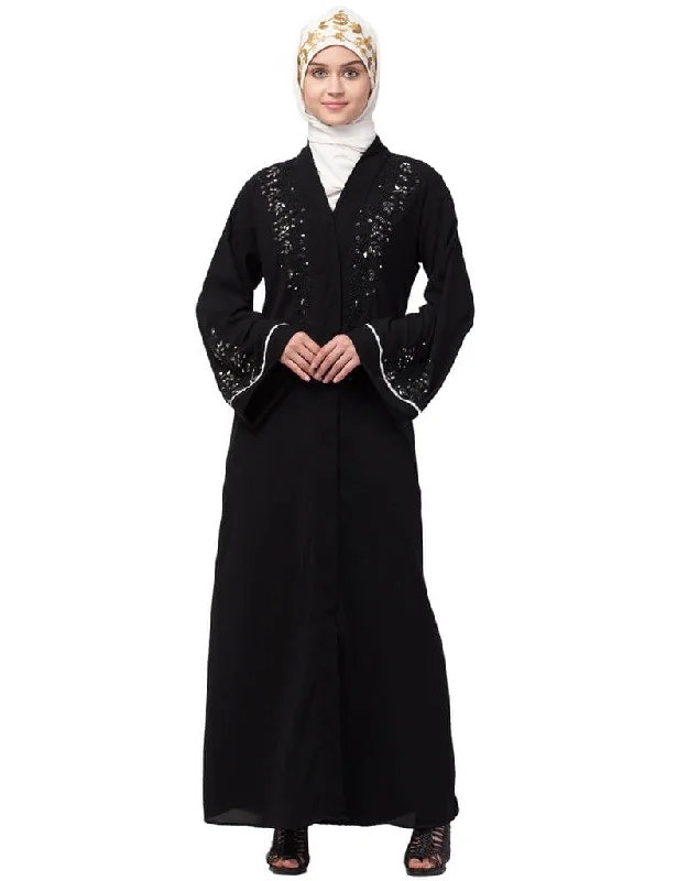 Arabic Front open Hand work at both side and sleeve Abaya Black