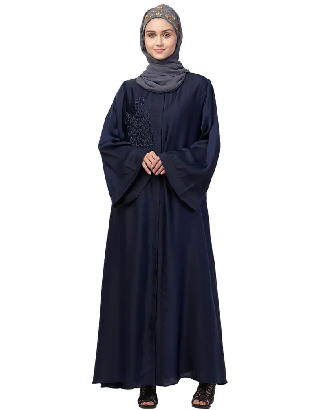 Chic Front Open  one side hand work Abaya Blue