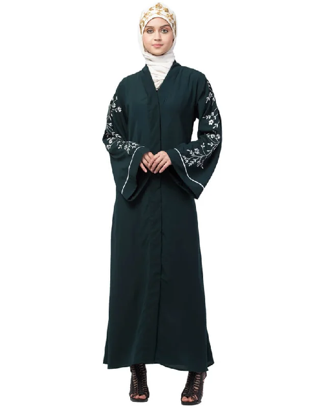 Muslimah Front Open Sleeve Resham Embroidery Abaya Green