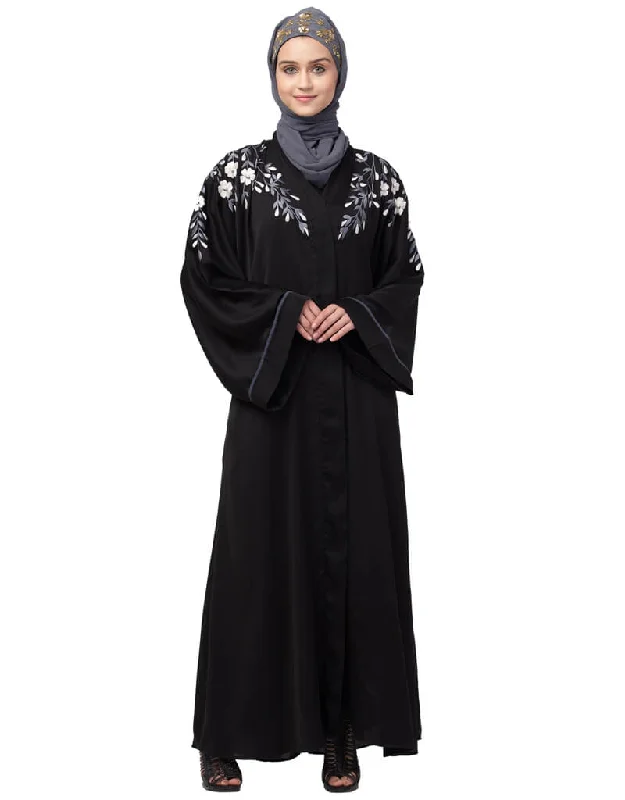 Modern Front to back Resham Embroidery Front Open  Abaya Black