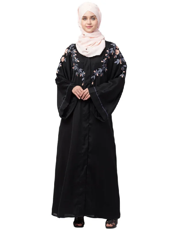 Muslim Front to back resham embroidery  Front open Dubai Style Kaftan cum Abaya Black