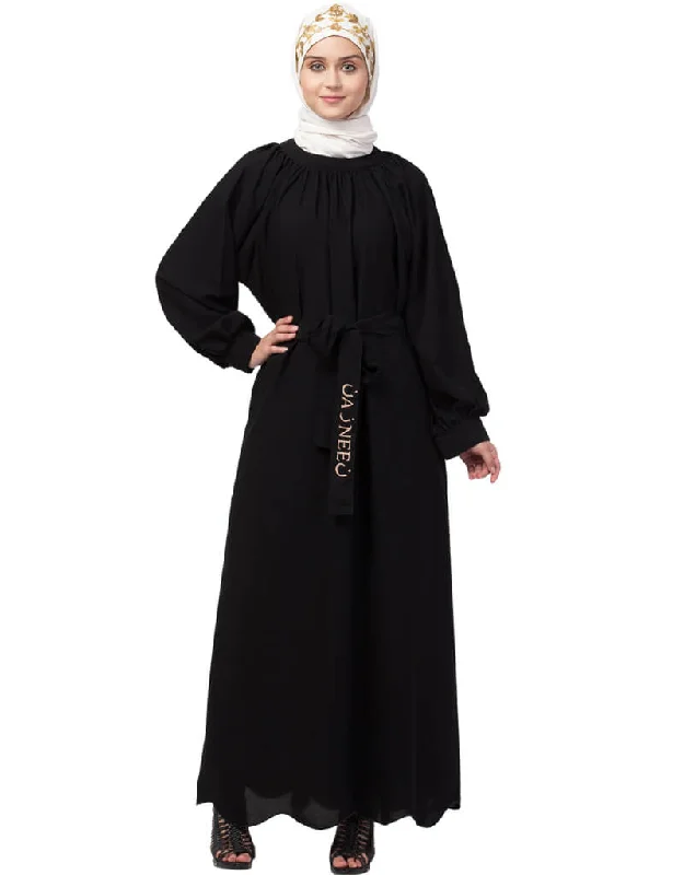 Muslim Gather at reglan sleeve with belt halter neck Abaya Black