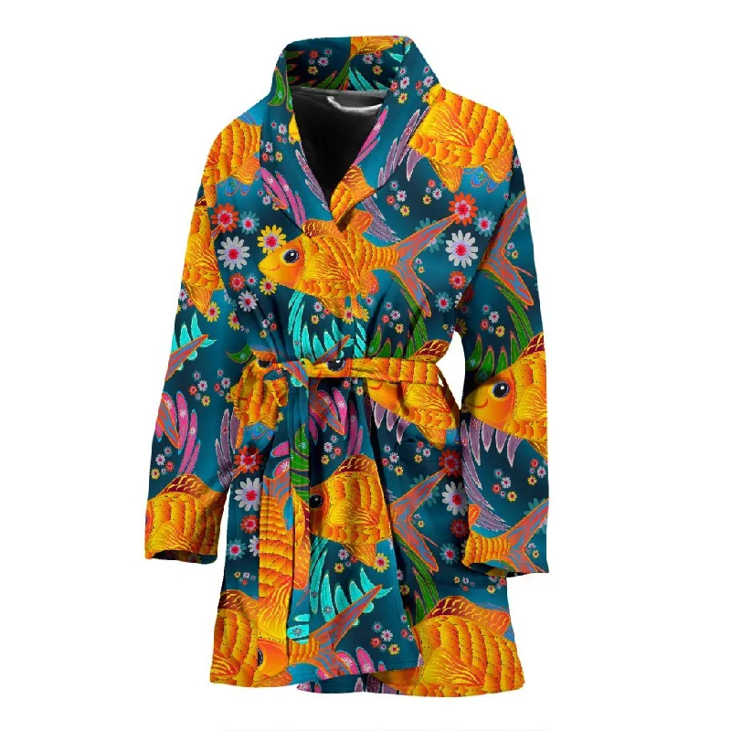 Goldfish Flower Pattern Print Women Long Robe