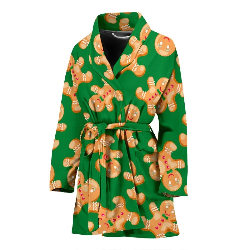 Green Gingerbread Man Chirstmas Pattern Print Women Long Robe