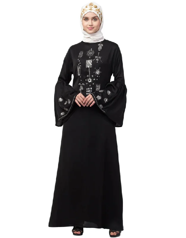 Islamic Hand embroidery on front and bell sleeve  A line Abaya Black