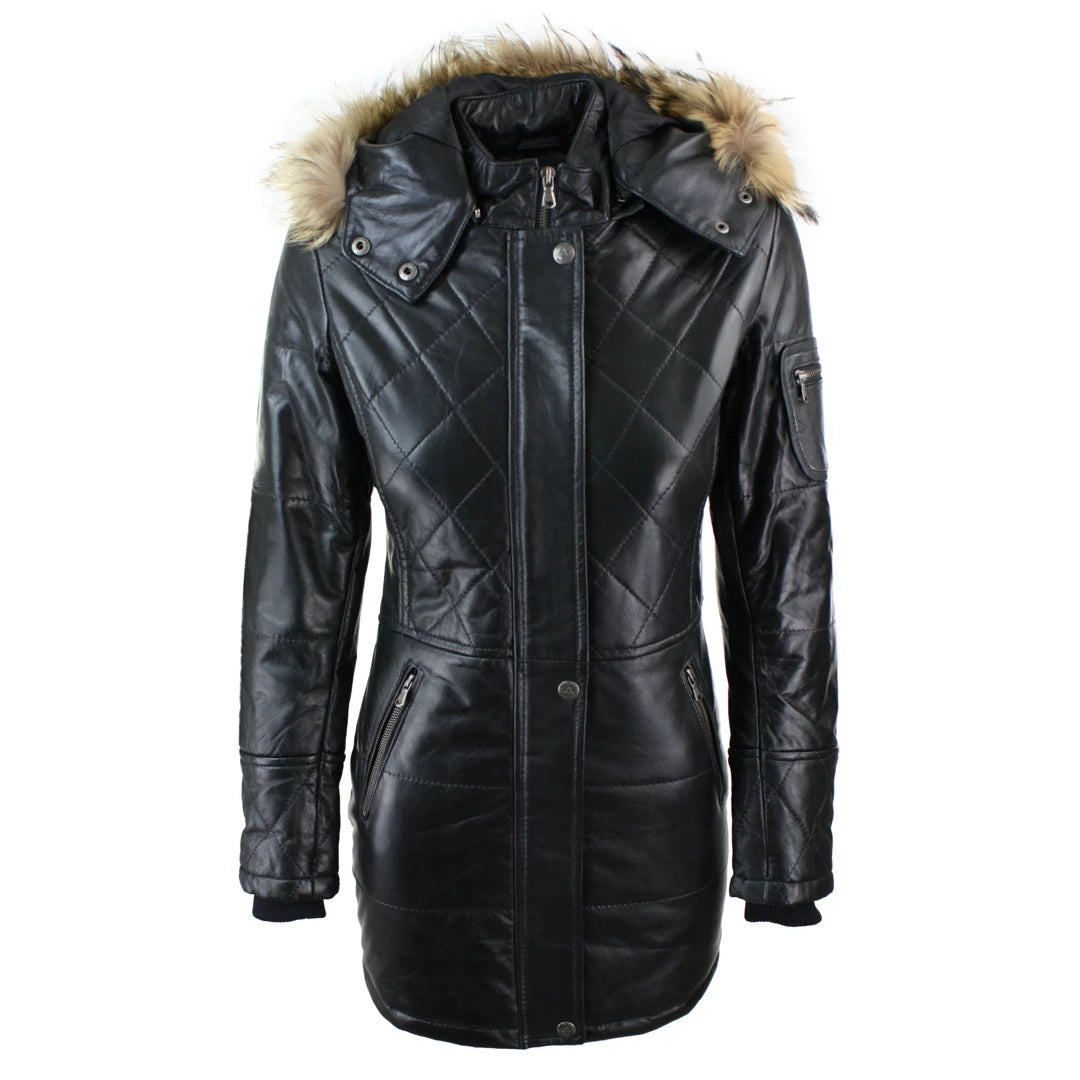 Women's Tan Brown Fur Hooded Parka Leather Jacket Winter Coat