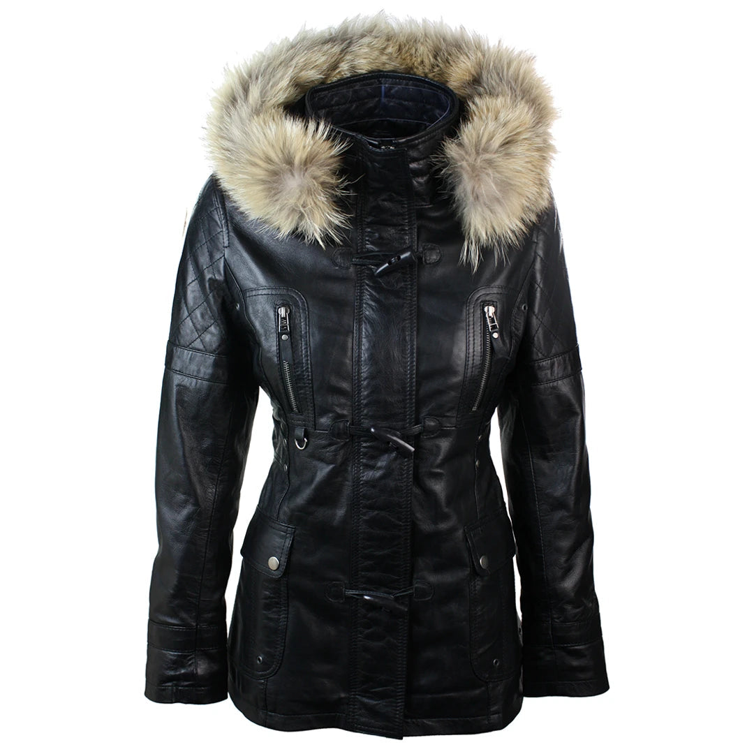 Women's Leather Trench Mid Length Hooded Raccoon Fur Winter Jacket