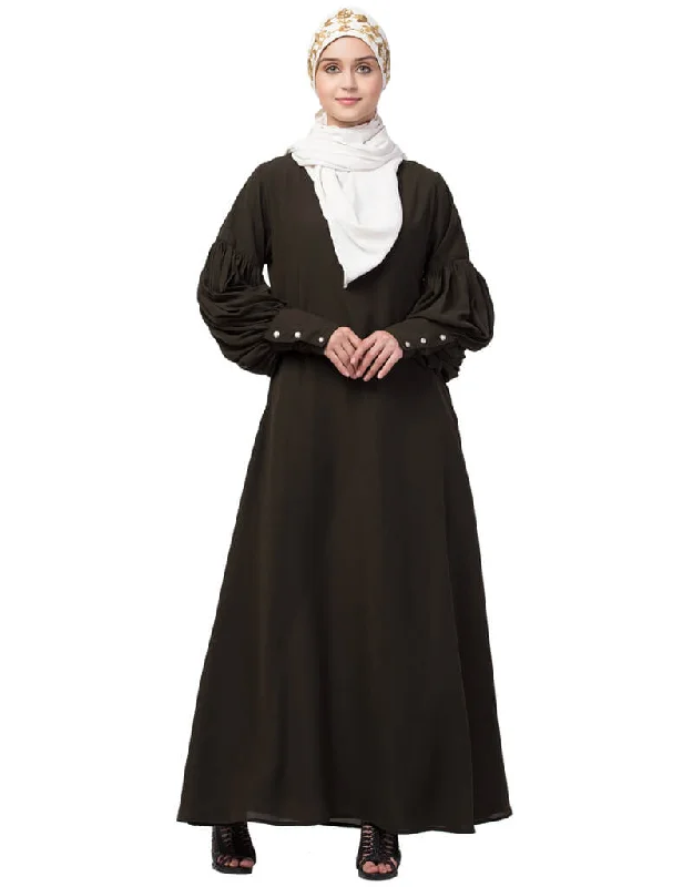 Modern Long cuff full balloon sleeve with belt A line Abaya Olive