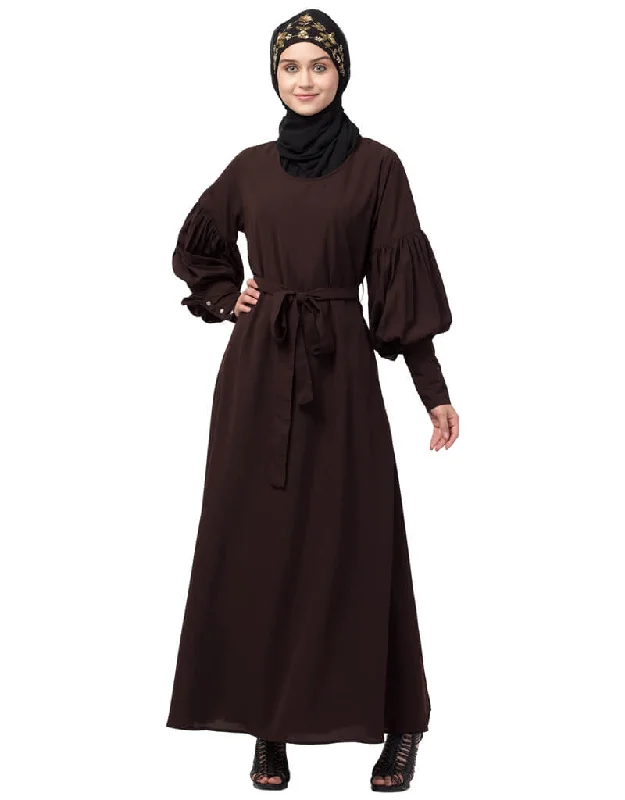 Modest Long cuff full balloon sleeve with belt A line Abaya Brown