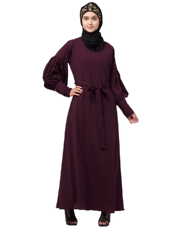 Arabic Long cuff full balloon sleeve with belt A line Abaya Wine