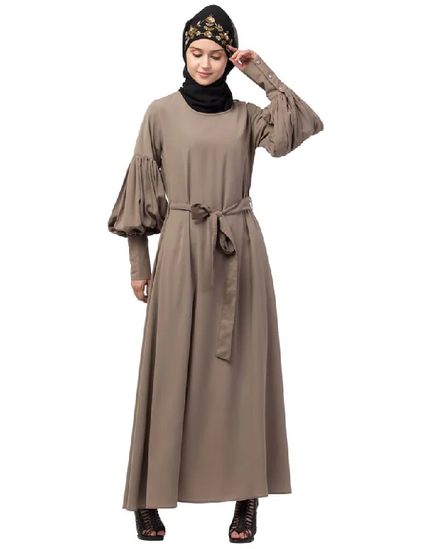 Arabic Long cuff full balloon sleeve with belt A line Abaya Khaki