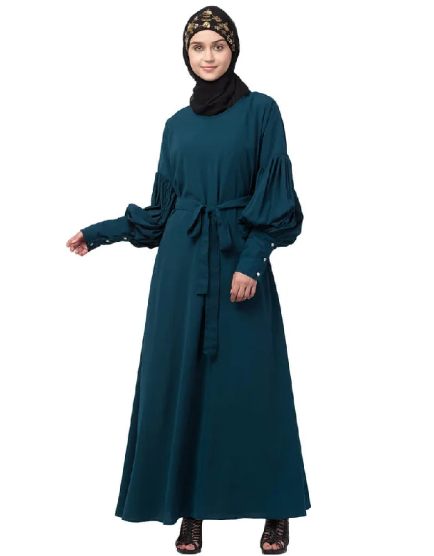 Women Long cuff full balloon sleeve with belt A line Abaya Rama Green