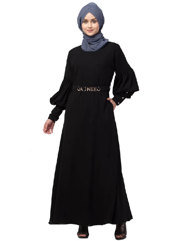 Muslimah Long cuff full balloon sleeve with belt A line Abaya Black