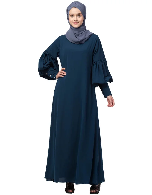 Chic Long cuff full balloon sleeve with belt A line Abaya Teal