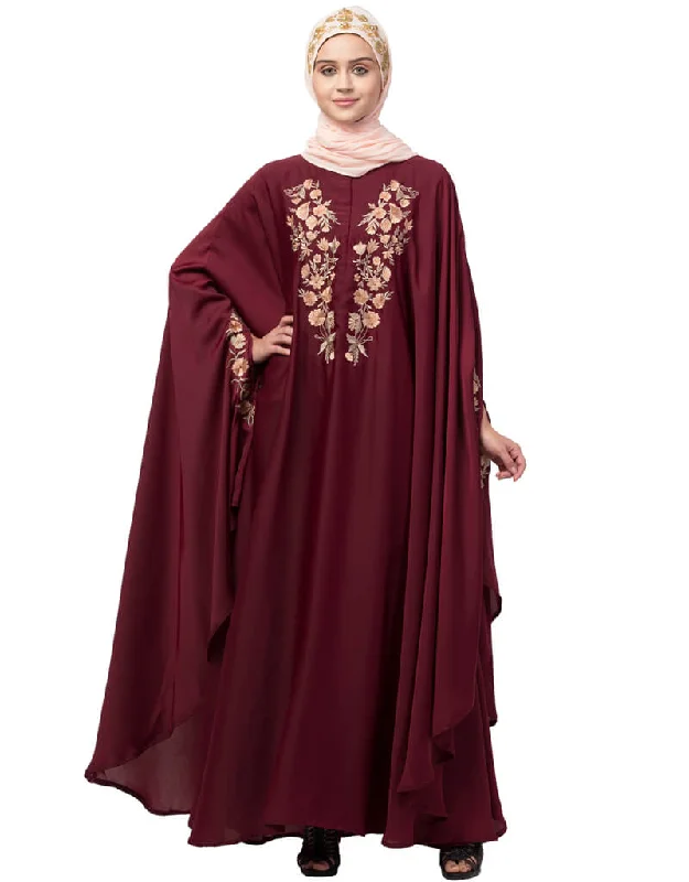 Arabic Neck and Sleeve Embroidered Irani Kaftan Maroon