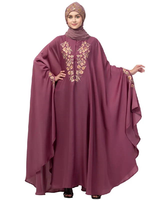 Women Neck and Sleeve Embroidered Irani Kaftan Mauve Pink