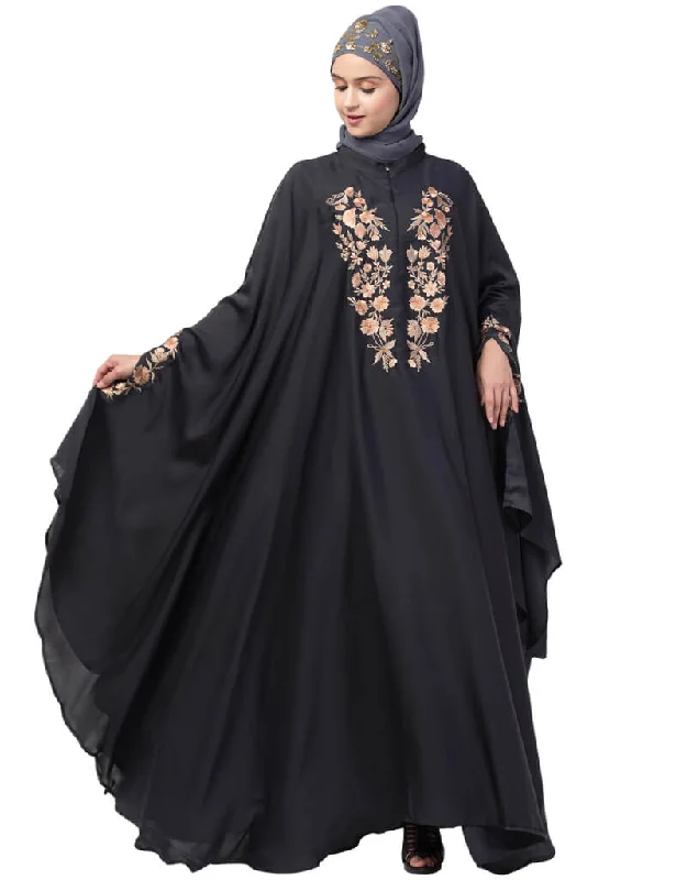 Muslimah Neck and Sleeve Embroidered Irani Kaftan Dark Grey