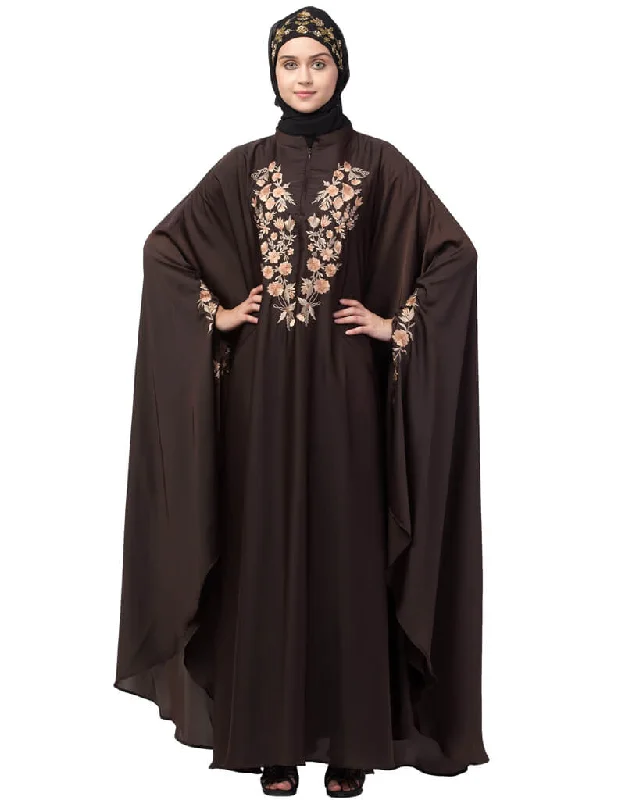 Chic Neck and Sleeve Embroidered Irani Kaftan Coffee Brown