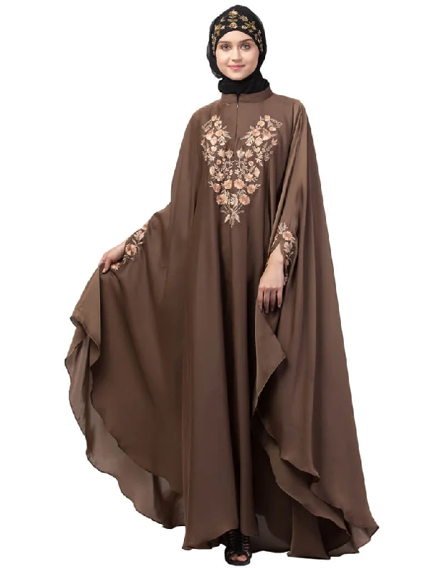 Modern Neck and Sleeve Embroidered Irani Kaftan Light Brown