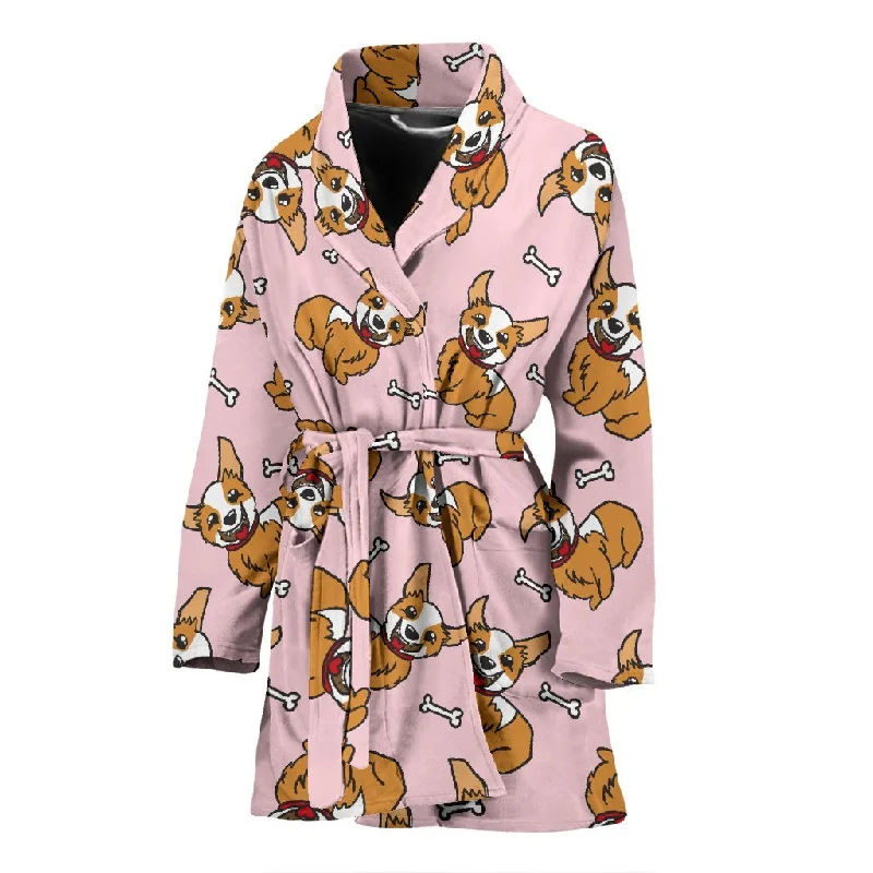 Pink Corgi Pattern Print Women Long Robe