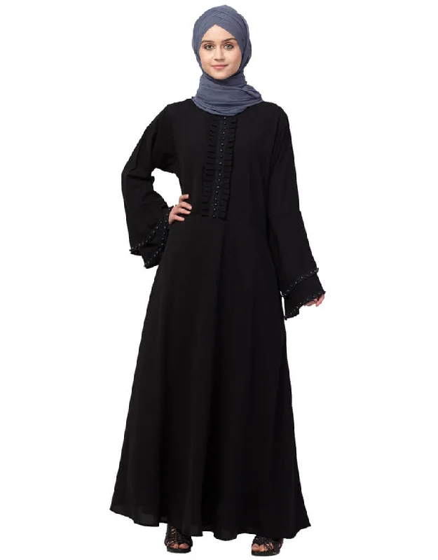 Women Pleats and Beads with Bell sleeve  Abaya Black