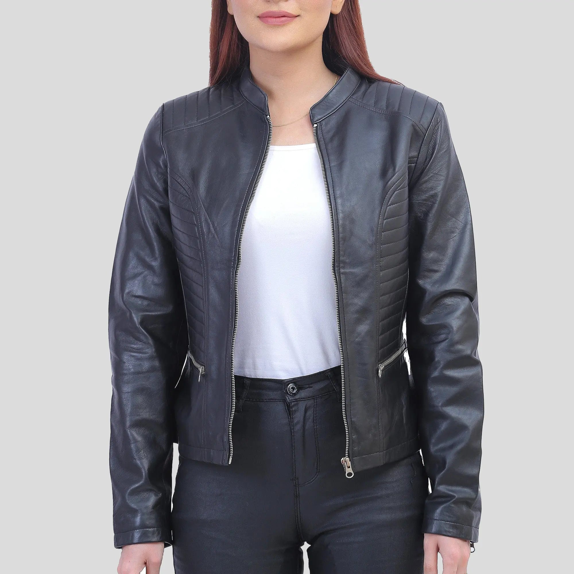 Rachel Womens Petite Black Cafe Racer Leather Jacket