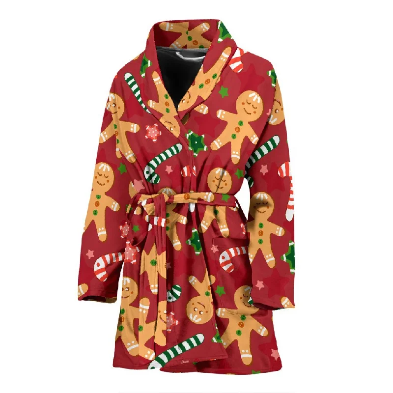 Red Gingerbread Man Chirstmas Pattern Print Women Long Robe