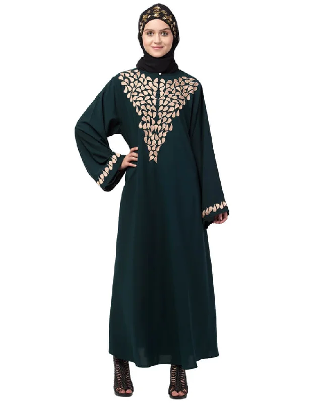 Chic Round Neck Front and sleeve drop Embroidery Abaya Green