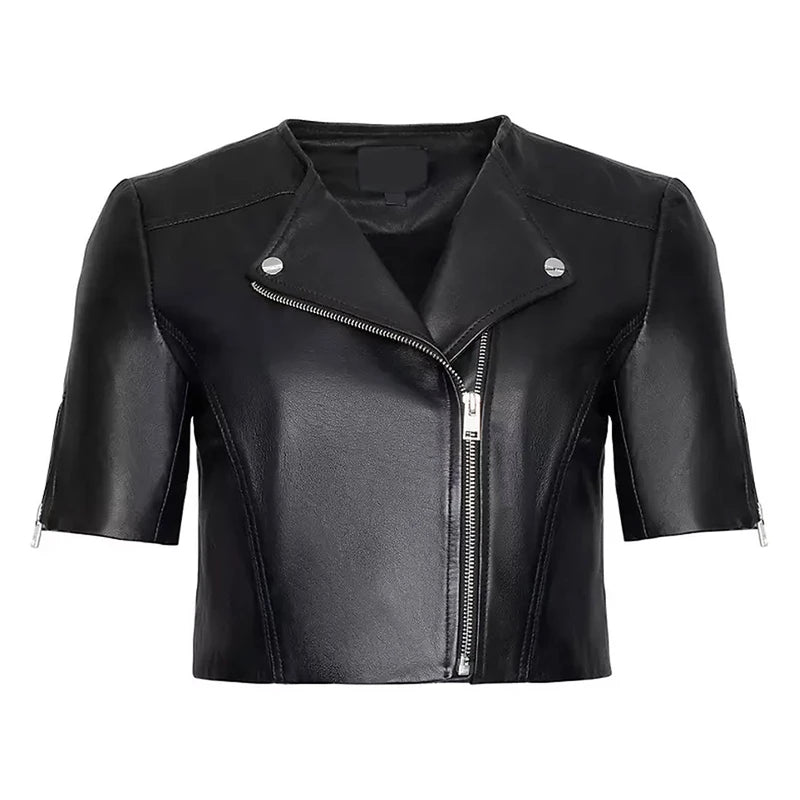 Short Sleeve Black Leather Jacket