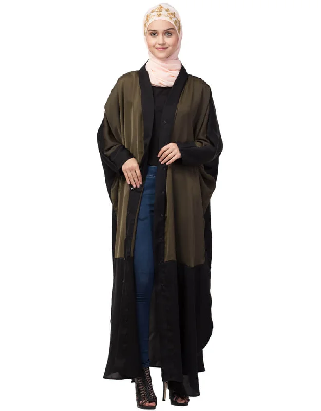 Modest Two colors front open kaftan cum abaya Green