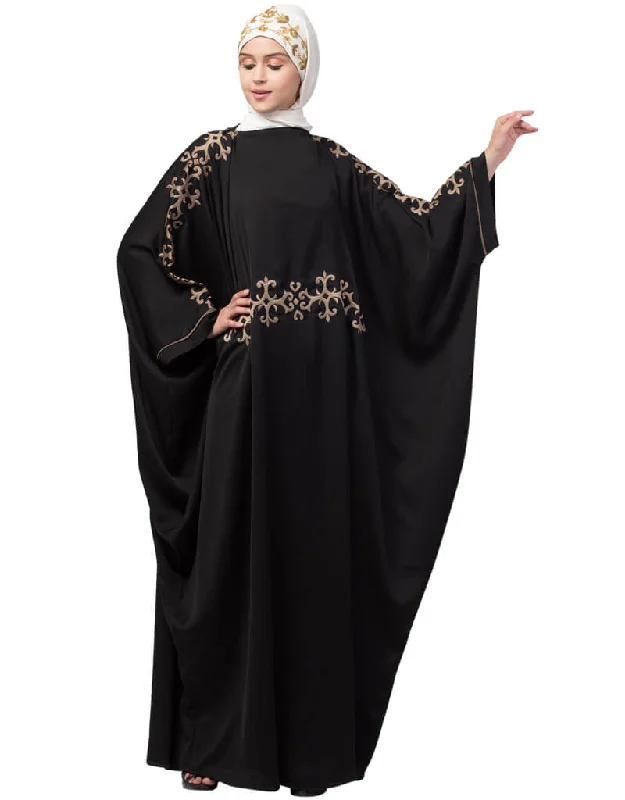 Trendy Waist and both sleeve resham embroidery Nida kaftan Black