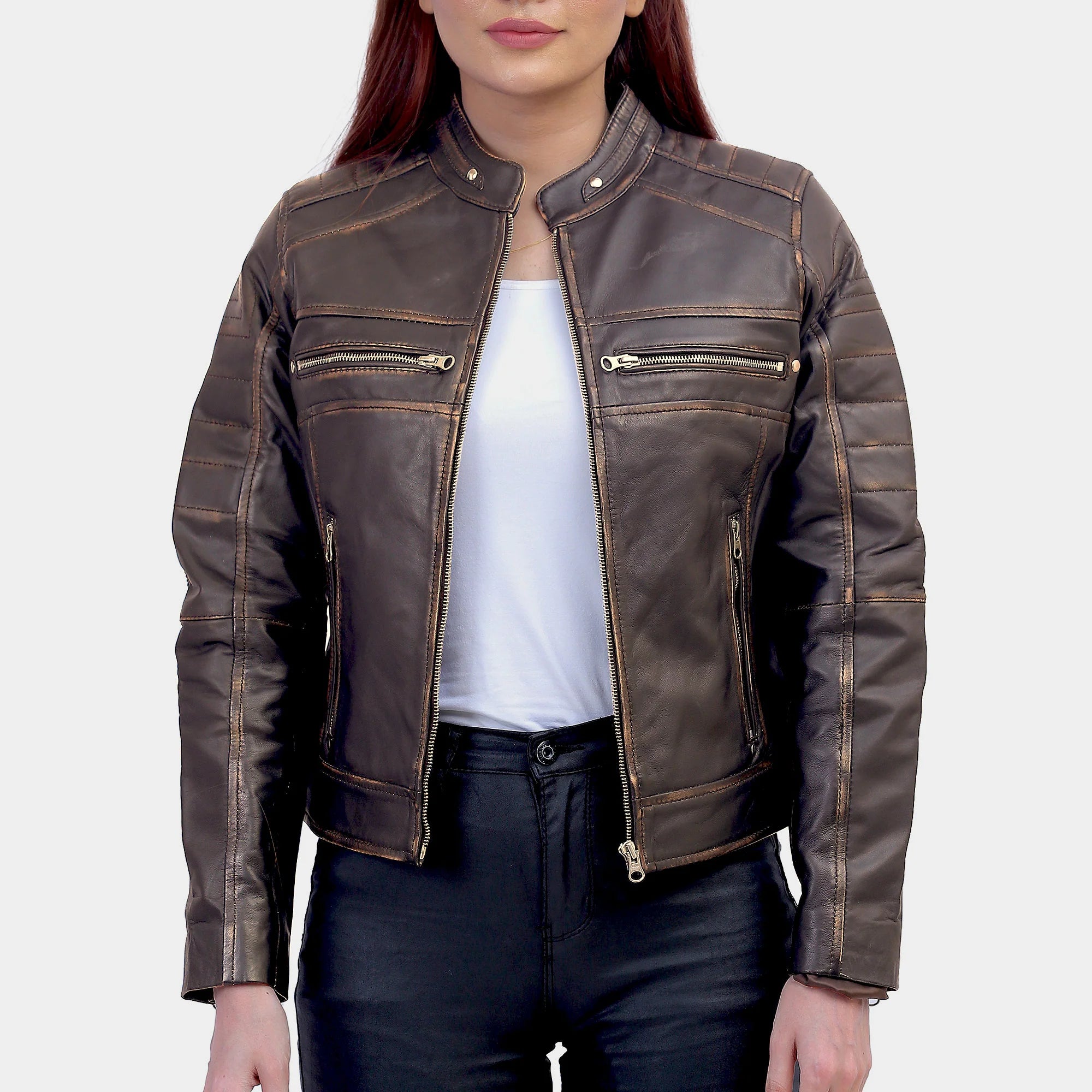 Women Slimfit Brown Cafe Racer Jacket