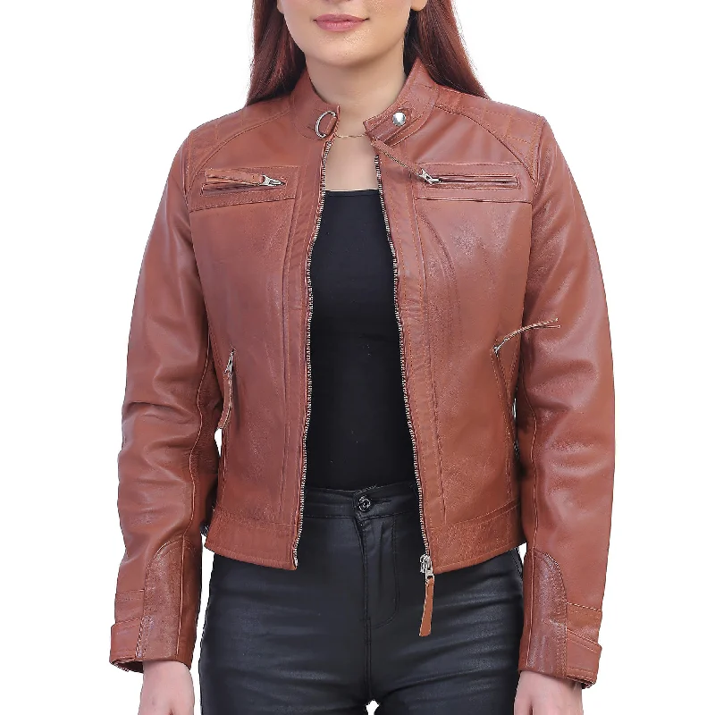 Women Tan Brown Biker Jacket